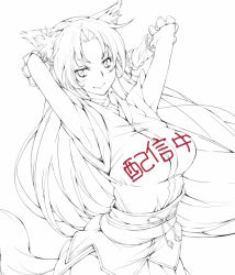 Rule 34 | 1girl, amami amayu, animal ears, armpits, character request, lineart, long hair, monochrome, monster collection, smile, solo, spot color, tail