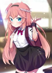Rule 34 | 1girl, absurdres, backpack, bag, black hairband, black skirt, blue eyes, blurry, blurry background, blush, bow, breasts, closed mouth, collared shirt, commentary request, depth of field, dress shirt, feathered wings, hairband, hands up, head wings, highres, hololive, long hair, looking at viewer, okota mikan, pink hair, pink wings, pleated skirt, puffy short sleeves, puffy sleeves, purple bow, shirt, short sleeves, skirt, small breasts, smile, solo, takane lui, very long hair, virtual youtuber, white shirt, wings