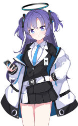 Rule 34 | 1girl, belt, belt pouch, blue archive, blue necktie, collared shirt, formal, halo, highres, id card, jacket, mechanical halo, miniskirt, necktie, off shoulder, open clothes, open jacket, parted bangs, pleated skirt, pouch, purple eyes, purple hair, shirt, sidelocks, simple background, skirt, solo, suit, two-sided fabric, two-sided jacket, two side up, white background, white belt, white shirt, yoi0341, yuuka (blue archive)