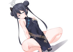 Rule 34 | 1girl, absurdres, bad id, bad pixiv id, bare legs, bare shoulders, black dress, black footwear, black hair, blue archive, breasts, china dress, chinese clothes, closed mouth, covered navel, double bun, dress, hair bun, highres, kisaki (blue archive), light leave, long hair, looking at viewer, pelvic curtain, side slit, simple background, sleeveless, small breasts, solo, spread legs, squatting, thighs, white background