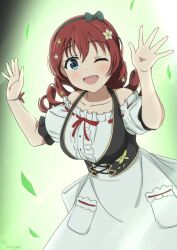 Rule 34 | 1girl, absurdres, blue eyes, blush, bow, braid, breasts, brown hair, crust gm0, dress, emma verde, highres, large breasts, long hair, looking at viewer, love live!, love live! nijigasaki high school idol club, low twintails, one eye closed, open mouth, red bow, red ribbon, ribbon, smile, solo, twin braids, twintails
