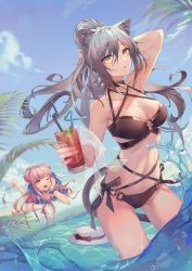 Rule 34 | 2girls, ;d, absurdres, animal ears, arknights, arm up, bare shoulders, bikini, black bikini, black choker, blue sky, breasts, cat ears, cat tail, ceylon (arknights), chinese commentary, choker, cleavage, cloud, commentary request, cup, day, drinking glass, drinking straw, hair between eyes, hat, unworn hat, unworn headwear, highres, holding, holding cup, large breasts, long hair, looking at viewer, multiple girls, navel, one eye closed, open mouth, outdoors, parted lips, pink hair, plant, schwarz (arknights), shiling, silver hair, sky, smile, stomach, swimsuit, tail, thighs, wading, water, white headwear, yellow eyes