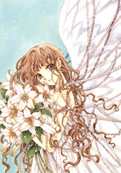 Rule 34 | 1girl, absurdres, angel wings, bare shoulders, bouquet, brown eyes, brown hair, clamp, dress, flower, gem, head tilt, highres, holding, holding flower, light smile, lily (flower), long hair, looking at viewer, monou kotori, non-web source, official art, pearl (gemstone), scan, scan artifacts, sleeveless, smile, solo, traditional media, wavy hair, white dress, wings, x (manga)