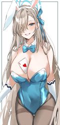 Rule 34 | 1girl, absurdres, ace (playing card), ace of hearts, animal ears, aqua eyes, aqua leotard, asuna (blue archive), asuna (bunny) (blue archive), bare shoulders, between breasts, blonde hair, blue archive, bow, bowtie, breasts, cleavage, collarbone, covered navel, detached collar, fake animal ears, gloves, hailiu, hair over one eye, hair ribbon, halo, headband, heart, highleg, highleg leotard, highres, huge breasts, leotard, long hair, looking at viewer, open mouth, pantyhose, parted bangs, playboy bunny, playing card, ribbon, shiny clothes, sidelocks, simple background, solo, strapless, strapless leotard, teeth, thigh gap, traditional bowtie, very long hair, white gloves, white headband