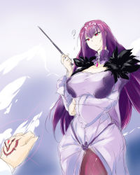 1girl ? breasts chaldea_uniform cleavage command_spell dandara_(karakure) dress fate/grand_order fate_(series) fujimaru_ritsuka_(male) fur_trim hair_between_eyes head_tilt highres jewelry large_breasts long_hair looking_at_viewer open_mouth pantyhose purple_dress purple_hair red_eyes scathach_(fate) scathach_skadi_(fate) scathach_skadi_(third_ascension)_(fate) sketch solo tiara wand