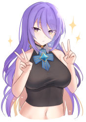 Rule 34 | 1girl, aura (aurapls), black choker, blue bow, blue bowtie, bow, bowtie, breasts, brooch, choker, closed mouth, colored inner hair, crop top, double v, hands up, highres, hololive, hololive indonesia, jewelry, large breasts, long hair, looking at viewer, making-of, moona hoshinova, multicolored hair, navel, purple eyes, purple hair, simple background, solo, sparkle, v, very long hair, virtual youtuber, white background, yellow eyes