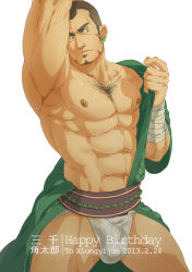 Rule 34 | 1boy, abs, armpits, bandaged arm, bandages, bara, bare pectorals, bulge, buzz cut, chest hair, earrings, erection, erection under clothes, facial hair, feet out of frame, frown, goatee, green eyes, green kimono, happy birthday, japanese clothes, jewelry, kimono, large pectorals, loincloth, looking to the side, male focus, male underwear, mature male, muscular, muscular male, navel, navel hair, nipples, open clothes, open kimono, original, pectorals, print male underwear, short hair, sideburns, solo, stomach, striped, thick thighs, thighs, underwear, undressing, very short hair, white male underwear, xiawenjie
