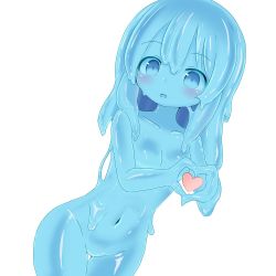 Rule 34 | blue eyes, blue hair, blue skin, blush, breasts, colored skin, curss, heart, heart hands, looking at viewer, medium hair, monster girl, navel, no nipples, slime girl, small breasts
