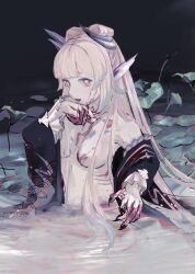 Rule 34 | 1girl, black nails, blood, blood on face, blood on hands, coat partially removed, fins, genshin impact, head fins, highres, in water, japanese clothes, kimono, light purple hair, long hair, long sleeves, looking at viewer, multicolored hair, nerwanni, open mouth, pink hair, purple eyes, sangonomiya kokomi, solo, topless