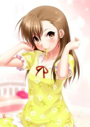Rule 34 | 1girl, blurry, blurry background, blush, brown eyes, brown hair, closed mouth, commentary request, dress, eyelashes, floral print, frilled dress, frills, futami mami, green dress, hair over one eye, hair tie in mouth, hands up, idolmaster, idolmaster (classic), indoors, long hair, looking at viewer, mouth hold, puffy short sleeves, puffy sleeves, red ribbon, ribbon, short sleeves, sitting, smile, solo, straight hair, upper body, zen (kamuro)