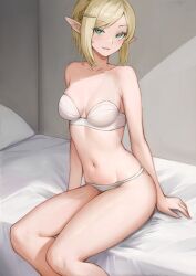 Rule 34 | 1girl, bed sheet, blonde hair, blush, bra, breasts, elezen, elf, final fantasy, final fantasy xiv, green eyes, hair ornament, hairclip, highres, indoors, looking at viewer, medium breasts, navel, on bed, panties, parted bangs, parted lips, pointy ears, short hair, sitting, solo, strapless, strapless bra, string panties, thighs, torisanff14, underwear, underwear only, warrior of light (ff14), white bra, white panties