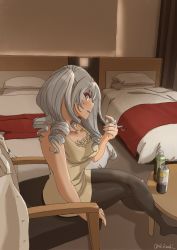Rule 34 | 1girl, alternate costume, bed, bedroom, beer can, beige dress, black pantyhose, bottle, can, chair, commentary request, drink can, grey eyes, highres, indoors, kachi (kachi5100), kantai collection, kashima (kancolle), looking at viewer, pantyhose, profile, sidelocks, silver hair, sitting, sleeveless, solo, strong zero, table, tsurime, twintails, twitter username, wavy hair