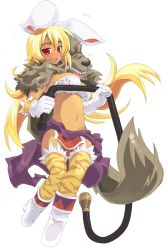 Rule 34 | 1girl, amasa mitsunaru, animal ears, animal print, blonde hair, blush, boots, bra, breasts, cape, commentary request, flying sweatdrops, full body, fur-trimmed legwear, fur trim, gloves, gluteal fold, hair between eyes, highres, holding, holding whip, large breasts, long hair, looking at viewer, natajya, navel, nipple slip, nipples, open mouth, purple cape, pussy, pussy peek, rabbit ears, shinrabanshou, simple background, solo, tan, thighhighs, tiger print, underwear, waist cape, white background, white bra, white footwear, white gloves, wolf, yellow thighhighs