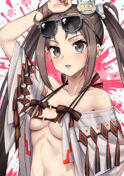 Rule 34 | 1girl, bare shoulders, bikini, blush, breasts, brown hair, cleavage, collarbone, dousunnen, earrings, eyewear on head, fate/grand order, fate (series), grey eyes, hair ornament, highres, jewelry, long hair, looking at viewer, medium breasts, multiple earrings, navel, off shoulder, open clothes, open mouth, robe, sunglasses, swimsuit, twintails, very long hair, white bikini, yu mei-ren (fate), yu mei-ren (swimsuit lancer) (fate)