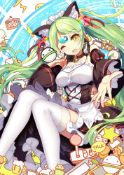 Rule 34 | &gt;o&lt;, 1girl, animal ears, bell, bison, bison cangshu, breasts, cat ears, collar, collarbone, detached sleeves, eyebrows, green hair, hair ribbon, headphones, headphones around neck, highres, large breasts, long hair, looking at viewer, maid, maid headdress, neck bell, one eye closed, open mouth, original, pink ribbon, red ribbon, ribbon, solo, thighhighs, twintails, v, very long hair, white thighhighs, yellow eyes