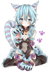 Rule 34 | 10s, 1girl, animal ears, animal hands, bad id, bad pixiv id, blue eyes, blue hair, blush, breasts, cat ears, chima (fusigiko), cleavage, covered navel, gloves, paw gloves, paw print, short hair, sinon, sinon (sao-alo), sword art online, thighhighs