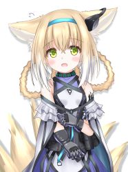Rule 34 | 1girl, :d, animal ear fluff, animal ears, arknights, bare shoulders, black gloves, blonde hair, blue hairband, blush, braid, braided hair rings, breasts, cloak, commentary request, covered collarbone, flying sweatdrops, fox ears, fox girl, fox tail, gloves, green eyes, hair between eyes, hair rings, hairband, highres, infection monitor (arknights), kitsune, langley1000, long hair, looking at viewer, material growth, open mouth, oripathy lesion (arknights), purple shirt, purple skirt, revision, shirt, simple background, skirt, sleeveless, sleeveless shirt, small breasts, smile, solo, suzuran (arknights), tail, twin braids, white background, white cloak, white shirt