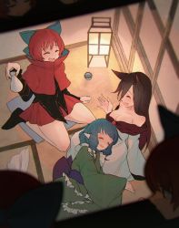Rule 34 | 3girls, animal ears, bad id, bad pixiv id, bare shoulders, blouse, blue bow, blue hair, bottle, bow, breasts, brown hair, cape, cleavage, cup, disembodied head, drill hair, closed eyes, from above, green kimono, hair bow, hand up, holding, imaizumi kagerou, indoors, japanese clothes, kimono, lamp, large breasts, long hair, long sleeves, mermaid, miniskirt, monster girl, multiple girls, red hair, red skirt, sake bottle, sekibanki, shirt, short hair, sitting, skirt, sleeping, smile, tatami, touhou, towako (10wk0), wakasagihime, wariza, wolf ears