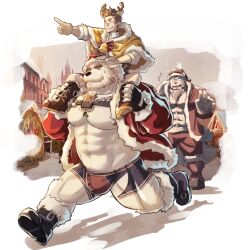 Rule 34 | abashiri (abasirisippo), abs, animal costume, annoyed, another eidos-r, bara, bare pectorals, bear, bell, billford (another eidos), boxers, carrying over shoulder, christmas, closed eyes, furry, furry male, furry with non-furry, highres, interspecies, male focus, male underwear, nipples, pectorals, polar bear, reindeer costume, rook (another eidos-r), santa costume, scar, sigvaldi (another eidos), snow, surprised, underwear, winter
