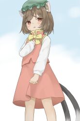 Rule 34 | 1girl, animal ear piercing, animal ears, blush, bow, bowtie, brown eyes, brown hair, cat ears, cat tail, chen, earrings, feet out of frame, flat chest, frills, from below, frown, furrowed brow, green hat, hand on own chest, hand up, hat, highres, jewelry, keyakko, long sleeves, looking at viewer, mob cap, multiple tails, nekomata, parted lips, puffy long sleeves, puffy sleeves, red skirt, red vest, single earring, skirt, skirt set, solo, standing, swept bangs, tail, touhou, two tails, vest, yellow bow, yellow bowtie