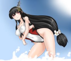 Rule 34 | 1girl, 30-06, bad id, bad pixiv id, bent over, black hair, blue sky, breasts, casual one-piece swimsuit, collarbone, covered navel, day, fusou (kancolle), highleg, highleg swimsuit, highres, kantai collection, leaning forward, long hair, medium breasts, narrow waist, one-piece swimsuit, outdoors, red eyes, sky, solo, sun, swimsuit, two-tone swimsuit