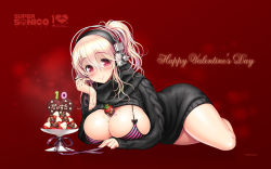 Rule 34 | 1girl, aran sweater, between breasts, black sweater, blush, bra, breasts, cable knit, candy, center opening, chocolate, chocolate covered strawberry, chocolate heart, cleavage, cleavage cutout, clothing cutout, dress, food, fruit, happy valentine, headphones, heart, highres, large breasts, looking at viewer, meme attire, naked sweater, nitroplus, official art, official wallpaper, open-chest sweater, pink eyes, pink hair, ponytail, ribbed sweater, ribbon, smile, solo, strawberry, striped bra, striped clothes, super sonico, sweater, sweater dress, tsuji santa, turtleneck, underwear, valentine