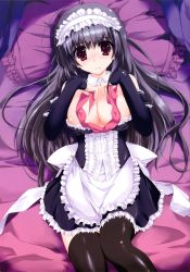 Rule 34 | 1girl, absurdres, apron, bare shoulders, black hair, black thighhighs, breasts, cleavage, covered erect nipples, detached collar, detached sleeves, frown, highres, large breasts, long hair, lying, maid, maid apron, maid headdress, on back, original, red eyes, skirt, solo, thighhighs, top pull, tsukinon