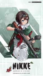 Rule 34 | 1girl, alternate costume, apron, artist request, black gloves, black hairband, blue eyes, brown hair, closed mouth, commentary, copyright name, double-parted bangs, dress, english commentary, fingerless gloves, frilled apron, frills, gloves, goddess of victory: nikke, green dress, gun, hair between eyes, hairband, highres, holding, holding gun, holding weapon, kneeling, long hair, looking up, low twintails, maid apron, mica (nikke), mica (snow buddy) (nikke), official art, sleeves rolled up, smile, solo, twintails, weapon, weapon request, white apron, zoom layer