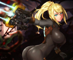 Rule 34 | 1girl, aqua eyes, ass, black bodysuit, blonde hair, blurry, blurry background, bodysuit, breasts, closed mouth, commentary, dead space, esther shen, holding, holding weapon, large breasts, laser, laser pointer projection, laser sight, lips, long hair, long sleeves, looking at viewer, metroid, mole, mole under mouth, nintendo, plasma cutter, ponytail, samus aran, shiny clothes, signature, simple background, skin tight, solo, weapon