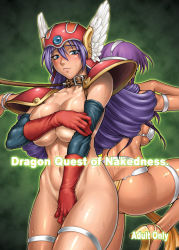 Rule 34 | 2girls, ass, back-to-back, bang-you, bikini tan, blue eyes, blush, breast hold, breasts, butt crack, chunsoft, collar, cover, cover page, covering privates, dark-skinned female, dark skin, dragon quest, dragon quest iii, dragon quest iv, elbow gloves, enix, gloves, helmet, huge breasts, leash, long hair, manya (dq4), multiple girls, muscular, navel, nude, nude cover, purple hair, shiny skin, shoulder pads, soldier (dq3), square enix, sweat, tan, tanline