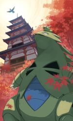 autumn_leaves blurry blurry_background colored_skin creatures_(company) evolutionary_line game_freak gen_2_pokemon green_skin highres ho-oh larvitar legendary_pokemon looking_up nintendo outdoors pokemon pokemon_(creature) sunlight tatsumi_(panneko) tower tyranitar