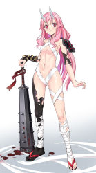 Rule 34 | 1girl, armlet, bandaged leg, bandages, blood, blood splatter, blood stain, blush, breasts, club, club (weapon), frown, hair between eyes, highres, holding, holding weapon, horns, kanabou, long hair, looking at viewer, midriff, navel, nyoro (nyoronyoro000), oni, oni horns, pink eyes, pink hair, revealing clothes, sandals, shuna (tensei shitara slime datta ken), single thighhigh, small breasts, solo, spiked club, standing, stomach, tensei shitara slime datta ken, thighhighs, torn clothes, torn thighhighs, underboob, very long hair, weapon