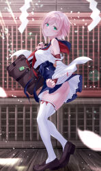 Rule 34 | 1girl, bag, blue ribbon, blue sailor collar, blue skirt, blush, bow, bow legwear, breasts, brown footwear, detached sleeves, green eyes, highres, large breasts, loafers, looking at viewer, meen (ouaughikepdvrsf), neckerchief, no panties, original, outdoors, parted lips, petals, pink hair, red bow, red neckerchief, ribbon, sailor collar, school bag, shoes, short hair, shrine, skirt, solo, standing, thighhighs, white thighhighs
