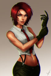 Rule 34 | 1girl, adjusting clothes, adjusting gloves, black gloves, brown eyes, crop top, eyelashes, freckles, gloves, highres, lips, midriff, mature female, navel, necktie, nose, pants, red hair, sleeveless, solo, suspenders, the king of fighters, vanessa (kof), victor lozada