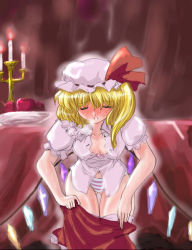 Rule 34 | 1girl, blonde hair, blouse, blush, breasts, breath, candle, candlestand, collared shirt, female focus, flandre scarlet, flx, hair between eyes, hat, indoors, mob cap, panties, ponytail, red eyes, shirt, side ponytail, solo, striped clothes, striped panties, sweat, thighhighs, touhou, underwear, undressing, vampire, white hat, white shirt, wings