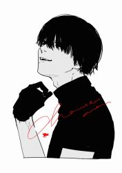 Rule 34 | 1boy, adam&#039;s apple, black eyes, black gloves, black hair, black shirt, calligraphy, chainsaw man, copyright name, cursive, english text, eyebrows, fang, gloves, hair between eyes, hair over eyes, highres, looking at viewer, male focus, mole, mole under mouth, monochrome, ohisama33ohayo3, open mouth, pale skin, sharp teeth, shirt, short hair, short sleeves, smile, solo, solo focus, t-shirt, teeth, veins, watermark, white background, yoshida hirofumi