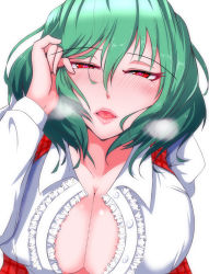 Rule 34 | 1girl, adjusting hair, blush, breasts, cleavage, closed eyes, collared shirt, colored eyelashes, green hair, hair between eyes, hand in own hair, heart, heart-shaped pupils, heavy breathing, highres, incoming kiss, kazami yuuka, kiss day, large breasts, leaning forward, looking at viewer, nose blush, open clothes, open shirt, pink lips, plaid, plaid vest, pov, red eyes, red vest, s-m!le yuu, saliva, shiny skin, shirt, short hair, simple background, slit pupils, solo, symbol-shaped pupils, tongue, touhou, upper body, vest, white background, white shirt