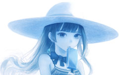 Rule 34 | 1girl, blue theme, earrings, food, hat, jewelry, limited palette, long hair, looking at viewer, monochrome, original, parted lips, popsicle, sakimori (hououbds), solo, upper body