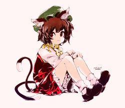 Rule 34 | 1girl, animal ear fluff, animal ears, bobby socks, bow, bowtie, brown eyes, brown hair, cat ears, cat tail, chen, closed mouth, colorized, dated, earrings, full body, hamriku, hat, highres, jewelry, knees up, light smile, looking at viewer, mob cap, nekomata, red eyes, short hair, simple background, single earring, sitting, socks, solo, tail, touhou, white background