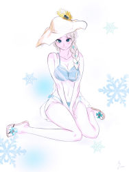 Rule 34 | 1girl, bad id, bad pixiv id, blue eyes, blush, braid, breasts, cleavage, elsa (frozen), frozen (disney), hair over shoulder, hat, highres, long hair, looking at viewer, ra coon, sandals, single braid, sitting, smile, snowflakes, solo, v arms, wariza