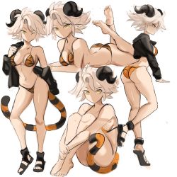 Rule 34 | 1girl, animal print, ass, bikini, black jacket, blonde hair, breasts, butt crack, cleavage, demon girl, demon horns, from side, highres, horns, huge ass, jacket, large breasts, legs, looking at viewer, lying, midriff, on stomach, one eye closed, original, rakeemspoon, shiny skin, solo, susan (rakeemspoon), swimsuit, tail, the pose, thighs, tiger print, tiger tail, toes, wide hips, yellow eyes