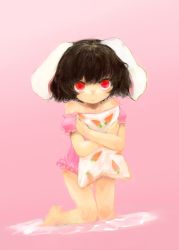 Rule 34 | 1girl, animal ears, bad id, bad pixiv id, bare legs, bare shoulders, black hair, carrot, female focus, hugging object, inaba tewi, kneeling, looking at viewer, maccha cocoa, maccha cocoa (mococo), pillow, pillow hug, rabbit ears, red eyes, short hair, simple background, solo, touhou