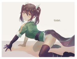 Rule 34 | 10s, 1girl, all fours, brown eyes, brown hair, character name, gloves, highres, kantai collection, long hair, maoshenzou, no panties, solo, tone (kancolle), tone kai ni (kancolle), twintails