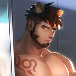 Rule 34 | 1boy, alca (wakatanka4), animal ears, bara, beard, black hair, chest tattoo, close-up, commission, facial hair, gyee, large pectorals, lion boy, lion ears, looking at viewer, male focus, mature male, muscular, muscular male, original, pectorals, portrait, powerlesssong, red eyes, short hair, solo, tattoo, thick eyebrows, upper body