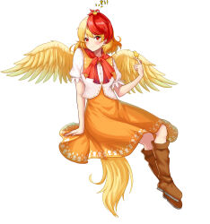 Rule 34 | 1girl, absurdres, animal, animal on head, bird, bird on hand, bird on head, bird tail, bird wings, blonde hair, blush, boots, brown footwear, buttons, chick, closed mouth, dress, feathered wings, full body, highres, knee boots, ldschem16, multicolored hair, niwatari kutaka, on head, orange dress, red eyes, red hair, shirt, short hair, short sleeves, simple background, smile, solo, tail, touhou, two-tone hair, white background, white shirt, wings, yellow wings