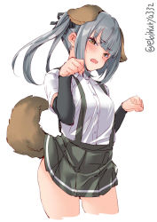 Rule 34 | 1girl, animal ears, arm warmers, black ribbon, blush, brown footwear, buttons, clenched hands, cropped legs, dog ears, dog tail, ebifurya, grey hair, grey skirt, hair ribbon, highres, kantai collection, kasumi (kancolle), long hair, one-hour drawing challenge, open mouth, paw pose, pleated skirt, ribbon, shirt, short sleeves, side ponytail, simple background, skirt, solo, suspender skirt, suspenders, tail, twitter username, white background, white shirt