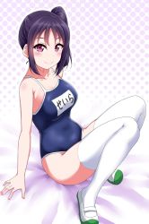 Rule 34 | 10s, 1girl, bed sheet, blue one-piece swimsuit, blush, breasts, collarbone, commentary request, competition school swimsuit, halftone, halftone background, highres, kazuno sarah, knees up, looking at viewer, love live!, love live! sunshine!!, medium breasts, nail polish, name tag, one-piece swimsuit, pink nails, purple eyes, purple hair, school swimsuit, shoes, side ponytail, sidelocks, sitting, smile, solo, swimsuit, thighhighs, uwabaki, white thighhighs, yopparai oni