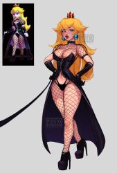 Rule 34 | 1girl, 3d, alternate costume, black dress, blonde hair, blue eyes, breasts, crown, dominatrix, dress, fishnets, full body, gloves, grey background, hands on own hips, heels, large breasts, latex, lips, madyaxx, mario (series), nintendo, princess peach, reference photo inset, serious, strap