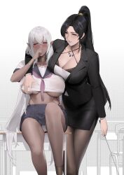 Rule 34 | 2girls, absurdres, alios arvin, black bra, black hair, black jacket, black skirt, blush, bra, breasts, cleavage, commentary, dark-skinned female, dark skin, elf, english commentary, feet out of frame, grabbing, grabbing another&#039;s breast, grey hair, hand up, highres, holding, jacket, jewelry, large breasts, long hair, long sleeves, miniskirt, mole, mole under eye, multiple girls, necklace, original, panties, pantyhose, parted lips, pencil skirt, pleated skirt, pointy ears, ponytail, purple eyes, shirt, short sleeves, skirt, smile, thighs, underwear, white panties, white shirt, yuri