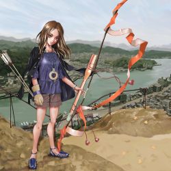 Rule 34 | 1girl, amon (mulciber), arrow (projectile), bow (weapon), brown eyes, brown hair, city, gloves, highres, jacket, jacket on shoulders, jewelry, leaf, long hair, necklace, open shoes, original, partially fingerless gloves, partly fingerless gloves, pink eyes, river, sandals, shoes, shorts, single glove, solo, weapon, yugake